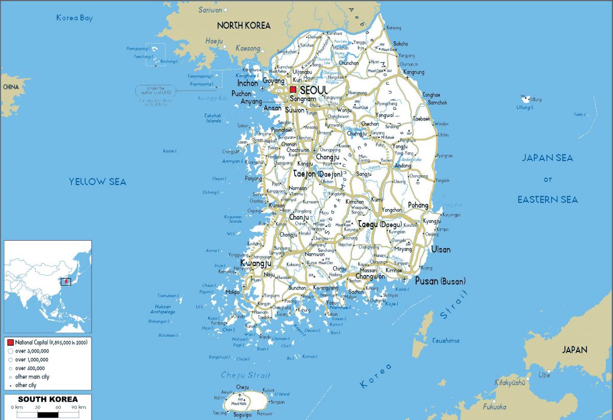 خريطة كبيرة لكوريا الجنوبية (جمهورية كوريا)