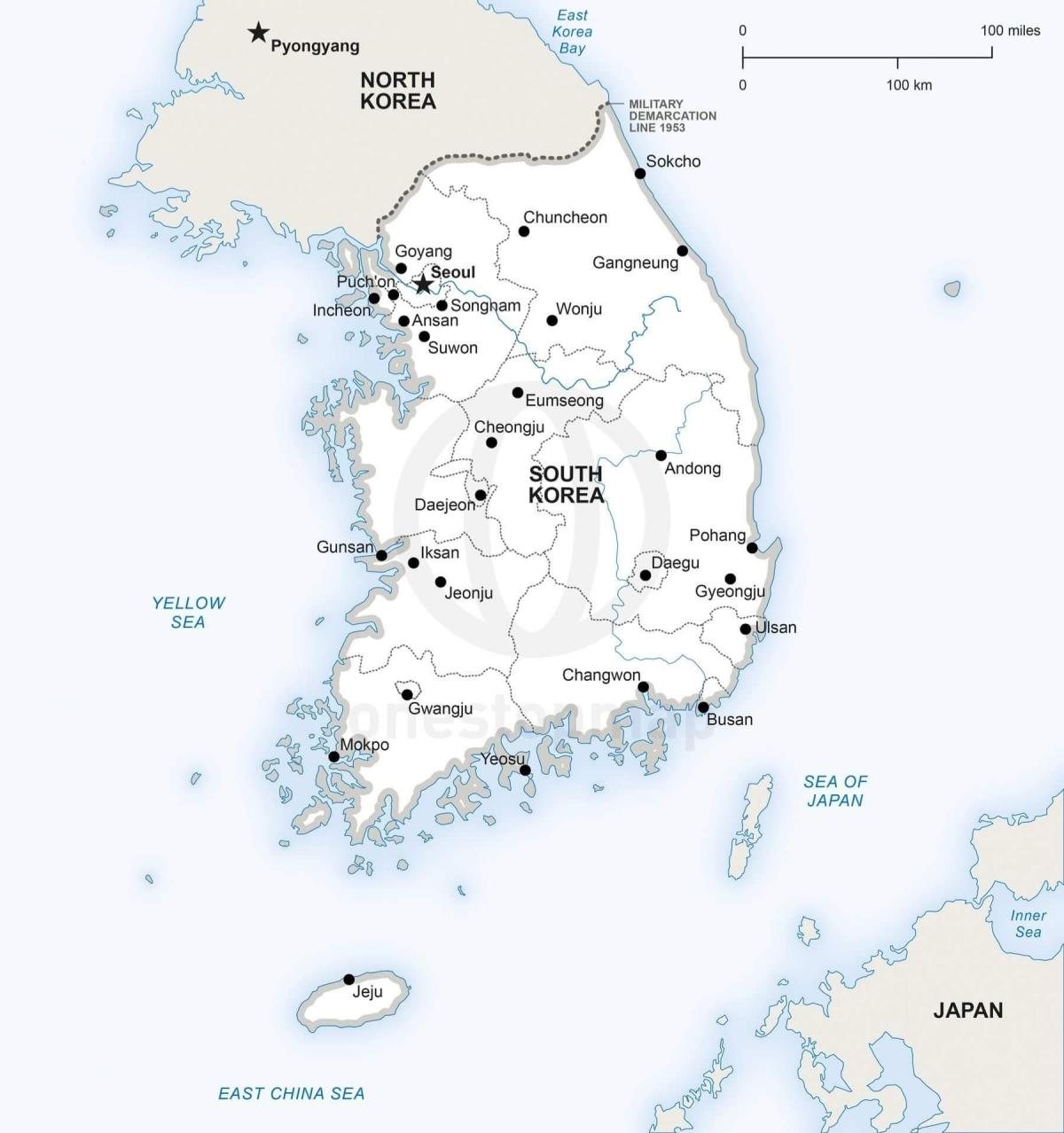 خريطة كوريا الجنوبية (جمهورية كوريا) مع المدن الرئيسية