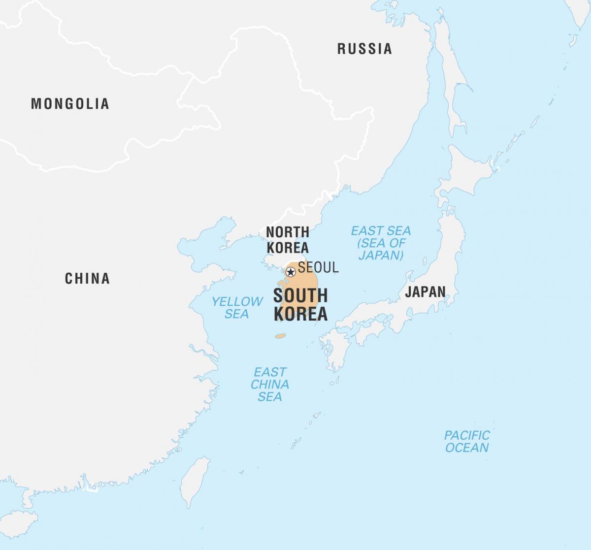 خريطة كوريا الجنوبية (جمهورية كوريا) والبلدان المجاورة